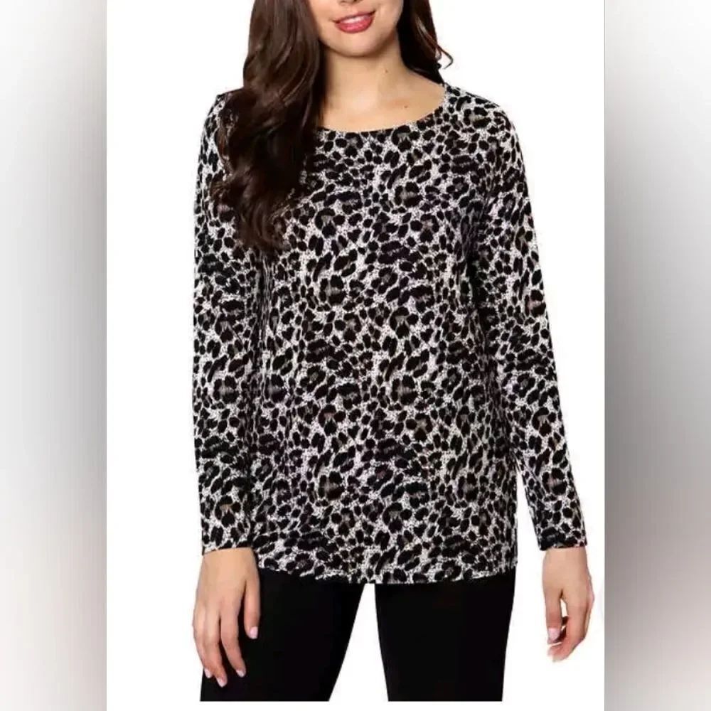 Mario Serrani M Brown Brown Leopard Print LngSlv CrewNeck Women Top Blouse